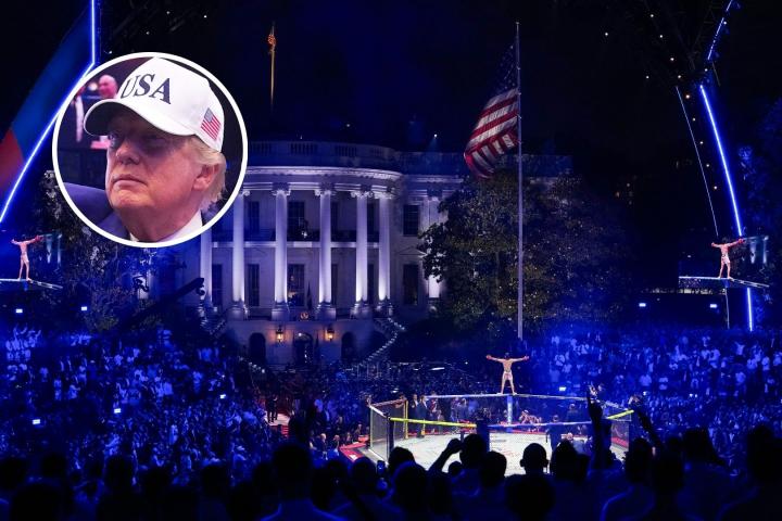De fondo, una imagen de la Casa Blanca durante el evento de la UFC; sobre un círculo blanco, la cara de Donald Trump de nuevo en este evento