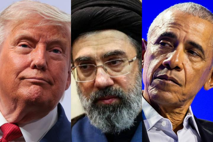 El actual presidente de EEUU, Donald Trump; el líder supremo de Irán, Mojtaba Jamenei, y el expresidente norteamericano, Barack Obama, en imágenes de archivo.