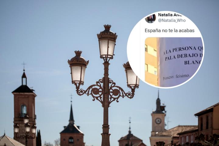 Montaje de una farola con el tuit del cartel.
