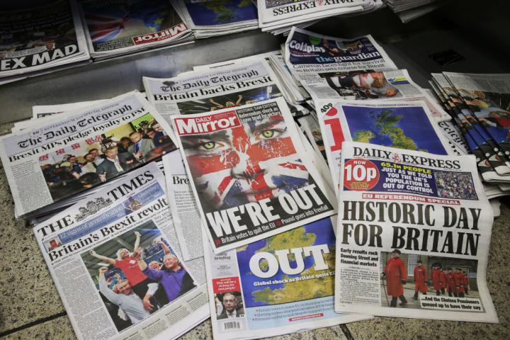 Portadas de los periódicos de Reino Unido en la mañana del 24 de junio de 2016, tras la victoria del sí en el refrendo del Brexit.