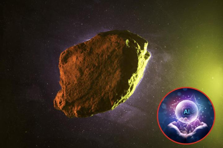 Una imagen de archivo de un asteroide en el espacio y otra de una Inteligencia Artificial