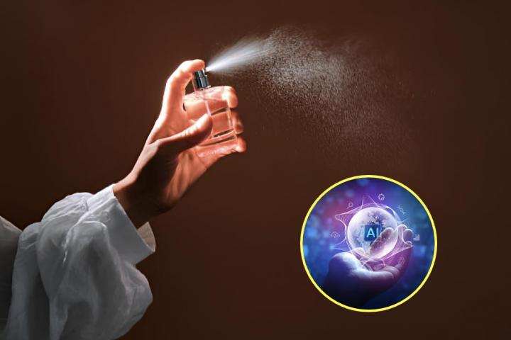 Una imagen de archivo de una persona echando perfume y otra de Inteligencia Artificial