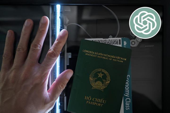 Una imagen de archivo de un pasaporte en Vietnam pasando por un escaner y otra de ChatGPT