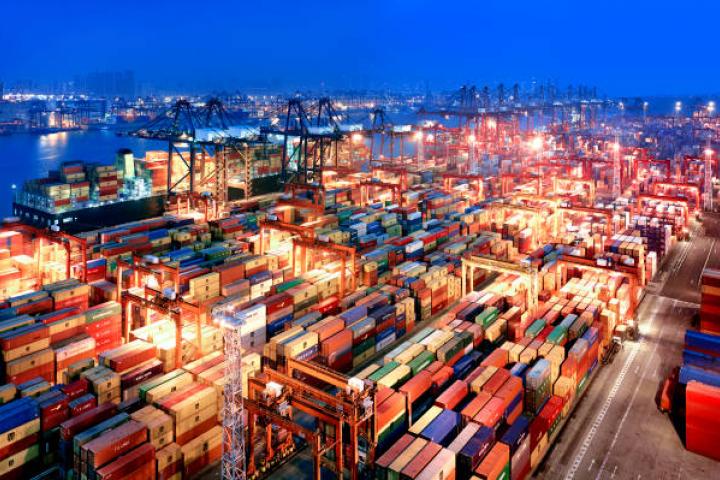 The Hong Kong Container Terminal at dusk.