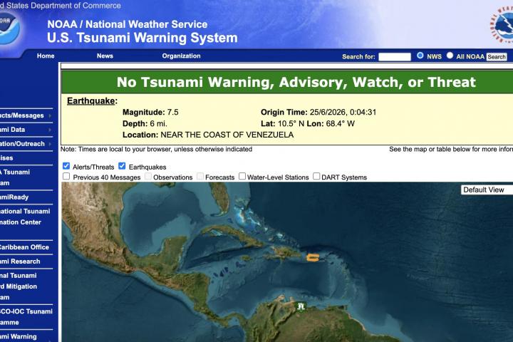 Captura de pantalla de la web del Centro Nacional de Alerta de Tsunamis de Estados Unidos.