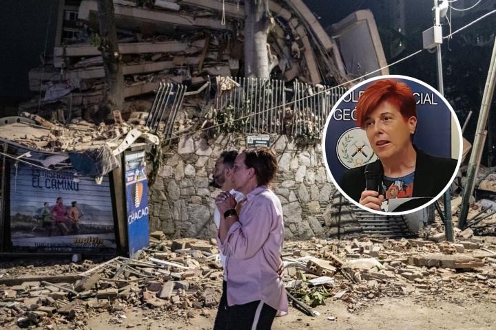 Nieves Sánchez (en el círculo), presidenta del Colegio de Geólogos. Varios vecinos pasan la noche en la calle junto a edificios colapsados en Caracas