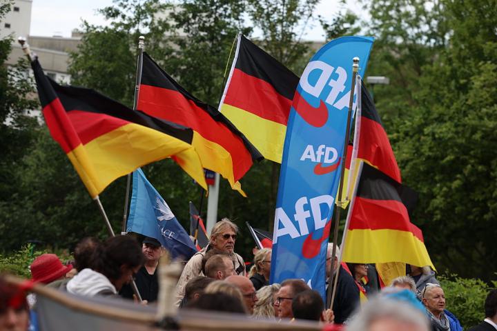 Simpatizantes de Alternativa para Alemania (AfD) en Renania del Norte-Westfalia, en una protesta contra las políticas de empleo del Gobierno, el 5 de junio de 2026.