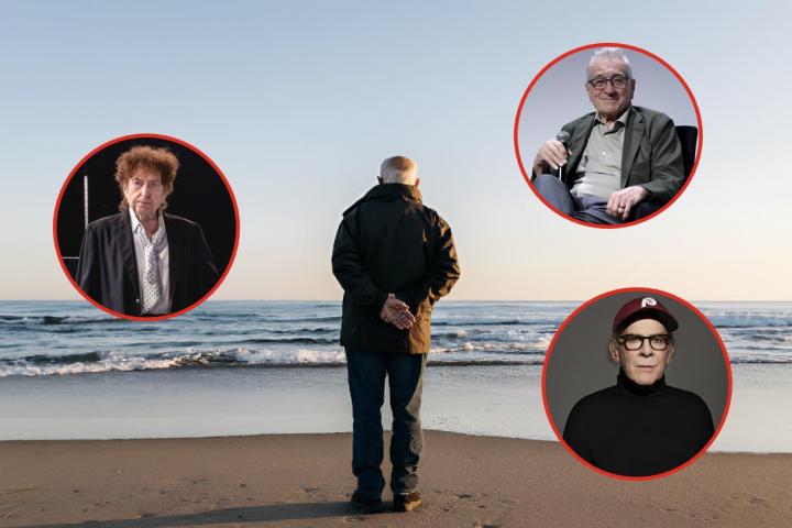 Una imagen de archivo de un señor mayor mirando al mar y otras tres superpuestas de Bob Dylan, Robert De Niro y Art Garfunkel