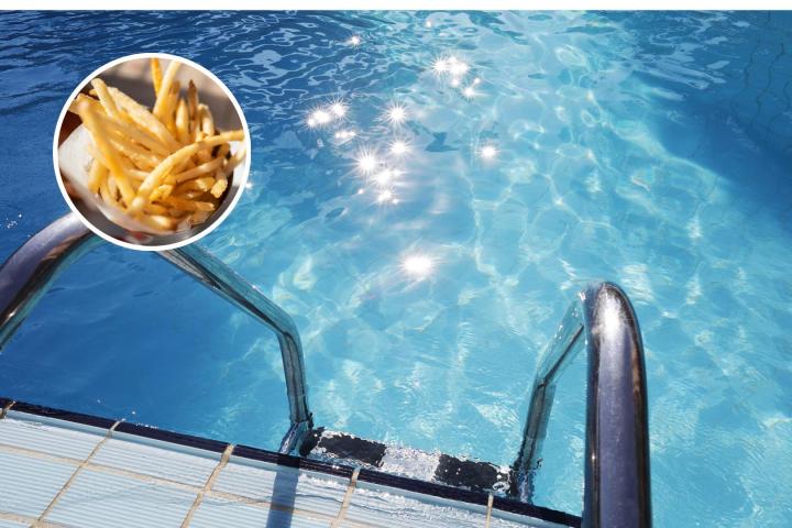 Patatas fritas y piscina.