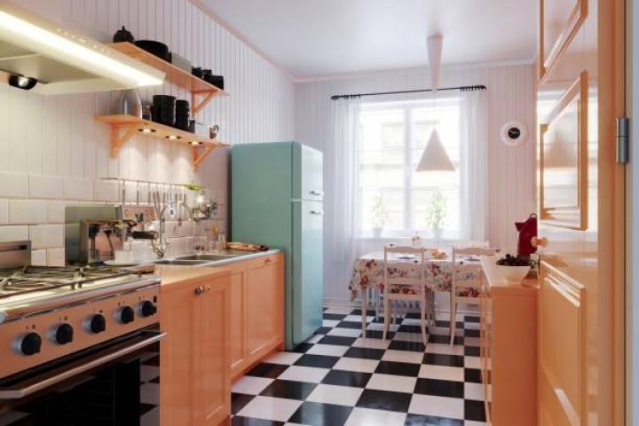 Vintage kitchen interior design with retro furniture. (3d render)