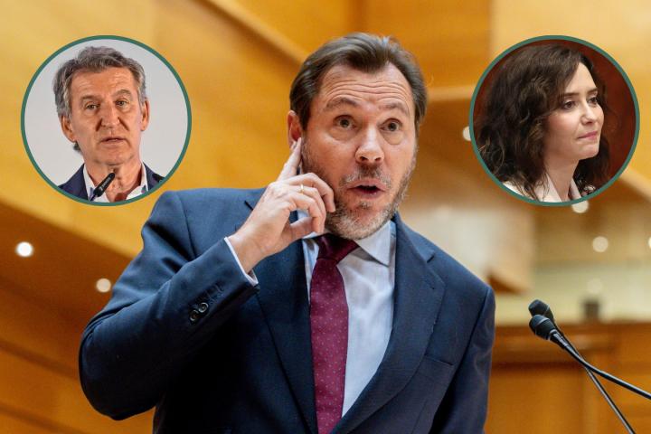 El ministro de Transportes, Óscar Puente, en una imagen de archivo con detalles del presidente popular, Alberto Núñez Feijóo, y la mandataria madrileña, Díaz Ayuso, en los círculos.