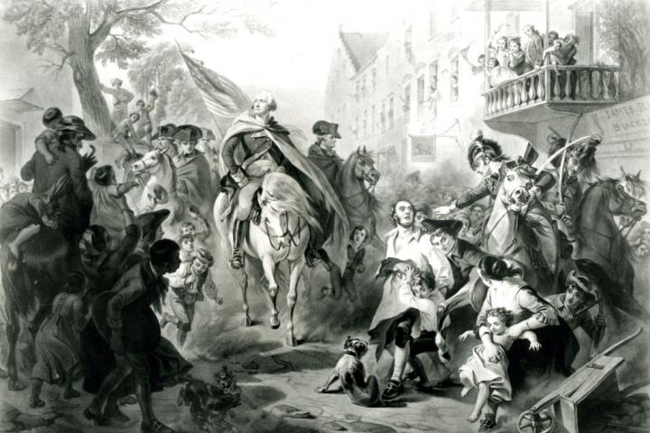 George Washington, a caballo, lidera el Ejército Continental estadounidense hacia Nueva York, el 25 de noviembre de 1783, en un grabado de A.H. Ritchie sobre la guerra contra Reino Unido.