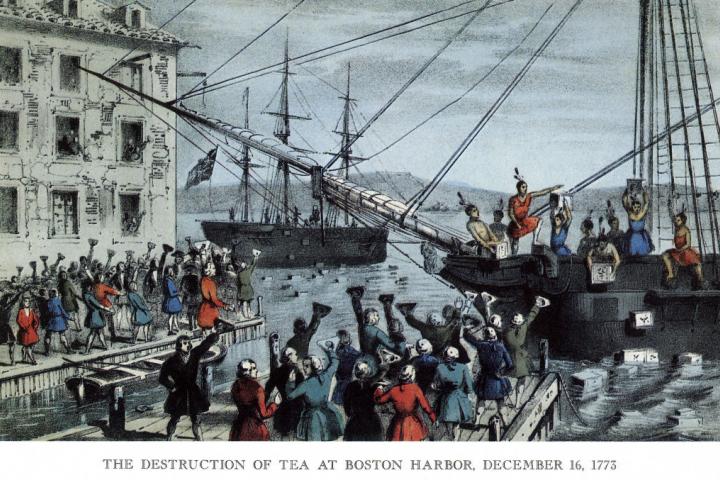 Grabado del Motón del Té de Boston, de 1773.