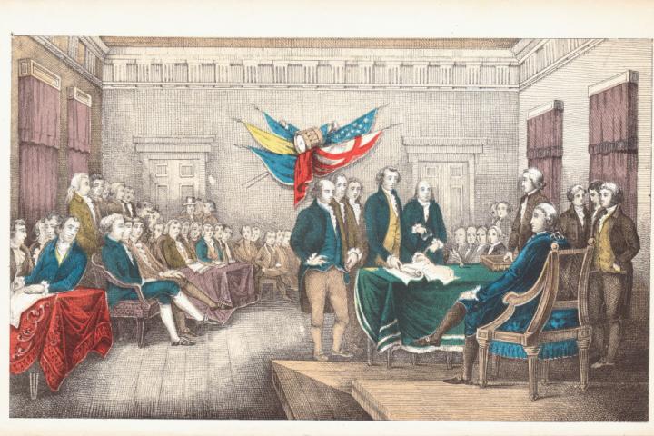 Grabado que representa la firma de la Declaración de Independencia de EEUU, con John Hancock, presidente del Congreso Continental, y dos futuros presidentes, Thomas Jefferson y John Adams, el 4 de julio de 1776.
