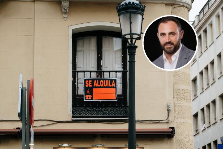 Jordi Anguera y un cartel de "se alquila"