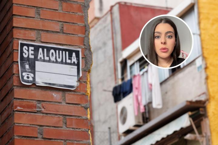 Siria Bouker y un cartel de "se alquila"