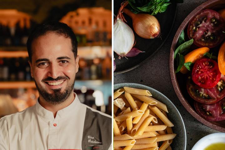 El chef Ciro Cristiano y los ingredientes para hacer un plato de pasta