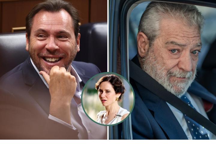 Combo de imágenes de archivo del ministro Óscar Puente y el jefe de gabinete de Ayuso, Miguel Ángel Rodríguez (MÁR); y la presidenta madrileña, en el círculo.
