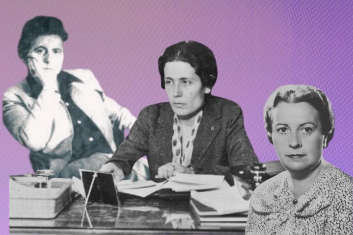 Victorina Durán, Victoria Kent y Elena Fortún en varias imágenes de archivo.