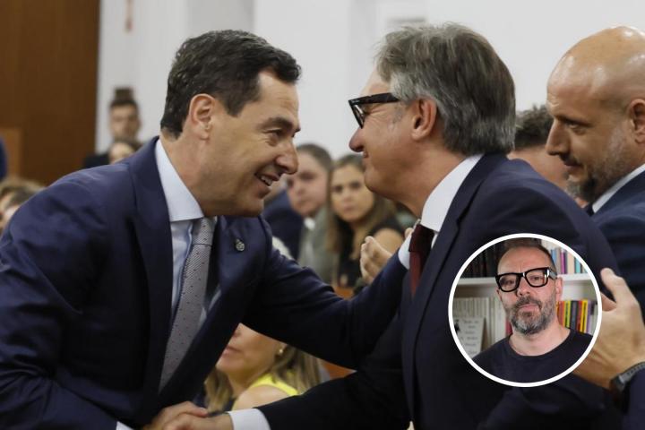 El presidente de la Junta de Andalucía, Juanma Moreno, saluda al que será su vicepresidente, Manuel Gavira (Vox).EFE/ José Manuel Vidal