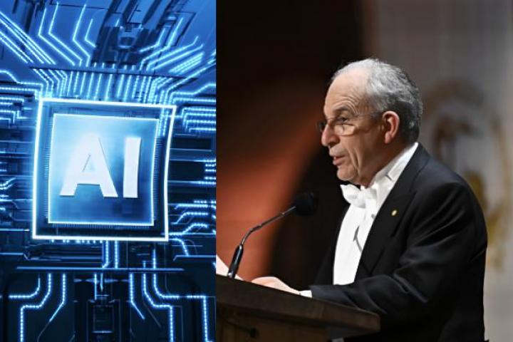 Una imagen de archivo de Michel Devoret, Premio Nobel de Física, y otra de un logo de Inteligencia Artificial