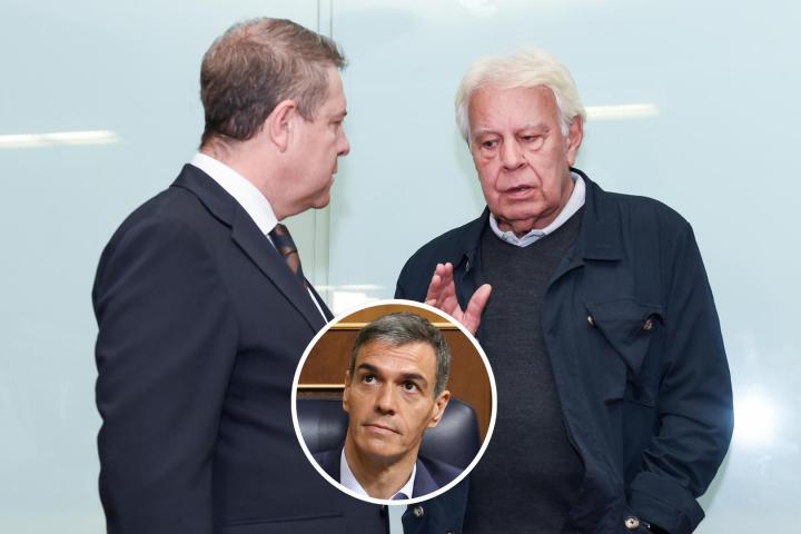 Fotomontaje de una imagen de Emiliano García-Page y Felipe González, con otra de Pedro Sánchez.