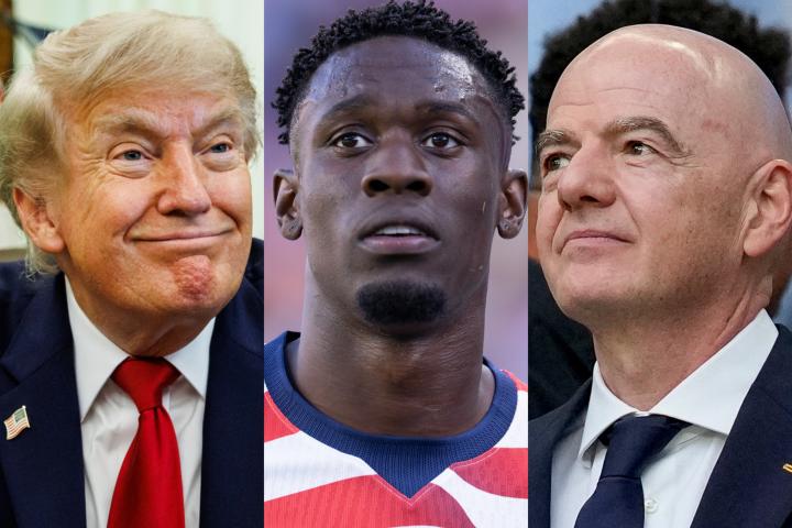 El presidente de EEUU, Donald Trump; el goleador de su selección de fútbol masculina, Folarin Balogun, y Gianni Infantino, presidente de la FIFA, en imágenes de archivo.