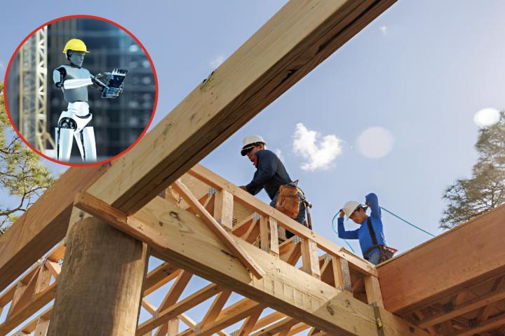 Una imagen de archivo de varios obreros trabajando y otra de un robot en el sector de la construcción