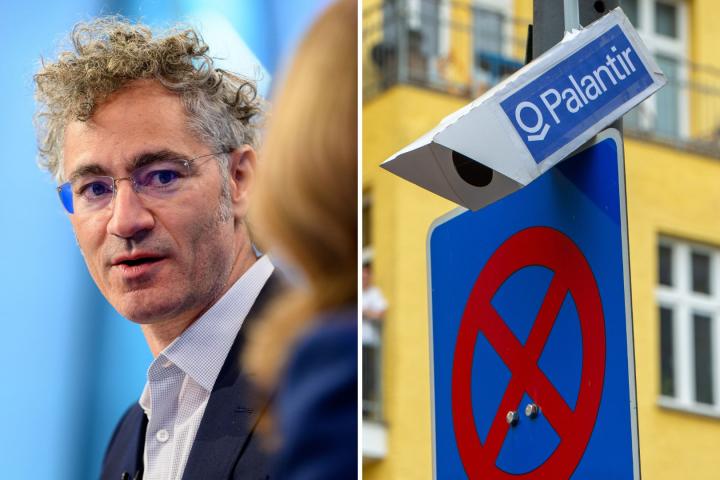 Alex Karp, CEO de Palantir, en un plató de televisión y una imagen de una cámara de vigilancia de Palantir fabricada con cartones por un grupo de manifestantes