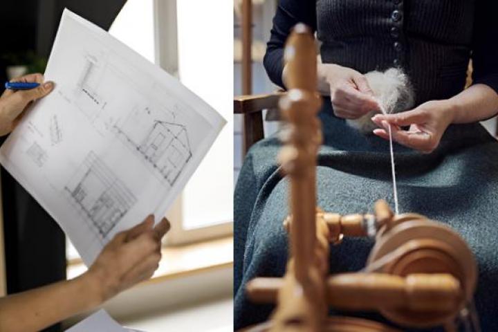 Una imagen de archivo de una arquitecta sosteniendo un mapa y otra de una artesana trabajando con lana