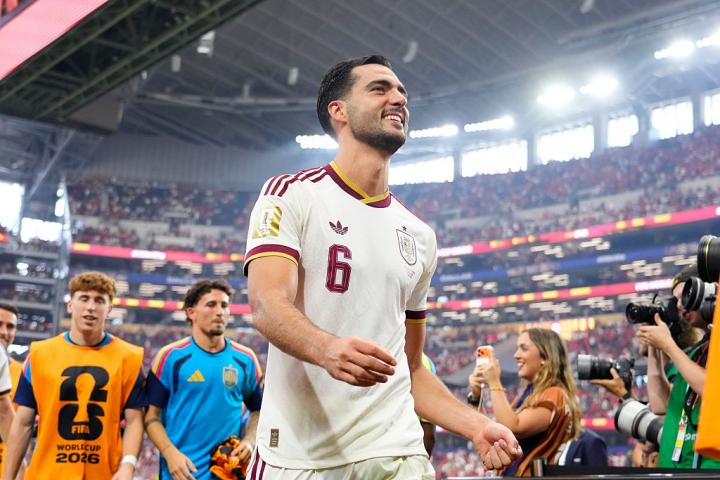 Mikel Merino of Spain celebrates the victory during the FIFA World Cup 2026 Round Of 16 match between Portugal and Spain at Dallas Stadium on July 6, 2026 in Arlington, United States. (Photo by Jose Breton/Pics Action/NurPhoto via Getty Images)
