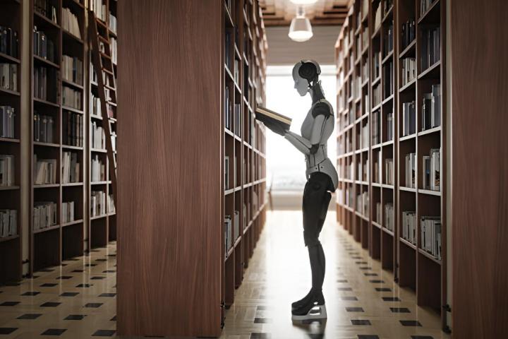Un robot humanoide leyendo un libro en una biblioteca