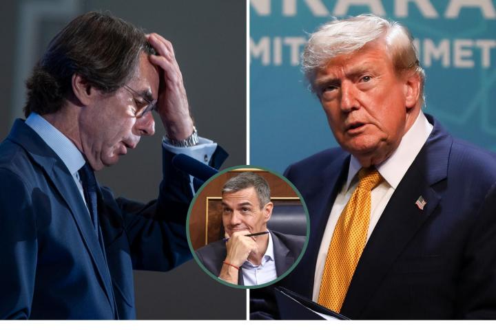 Combo de imágenes de archivo del expresidente Aznar, el presidente Trump; y su homólogo español, Pedro Sánchez, en el círculo.