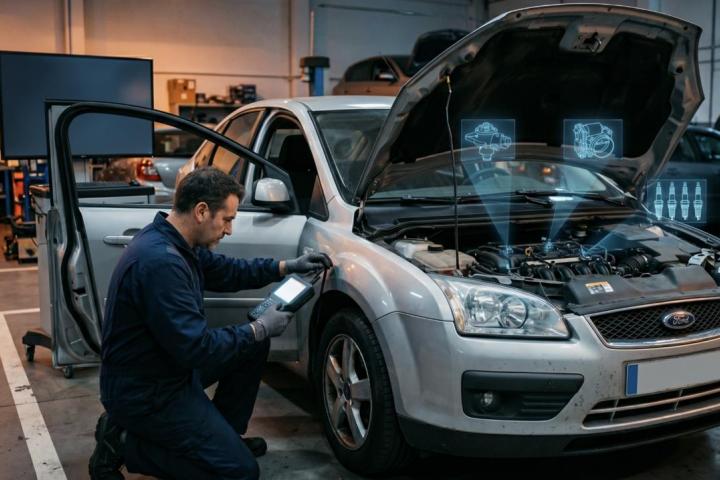 Un mecánico trabaja para solucionar una avería en un Ford Focus.