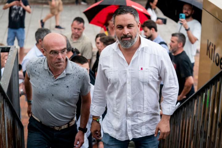 FUENLABRADA, MADRID, SPAIN - JUNE 07: The number 1 of VOX to the European Parliament, Jorge Buxade and the president of VOX, Santiago Abascal, during the closing act of VOX campaign, in the Parque de la Fuente, on June 7, 2024, in Fuenlabrada, Madrid, Spain. Santiago Abascal has moved to the Parque de la Fuente in Fuenlabrada (Madrid) to end the electoral campaign of his party on the occasion of the elections to the European Parliament on June 9. (Photo By A. Perez Meca/Europa Press via Getty Images)