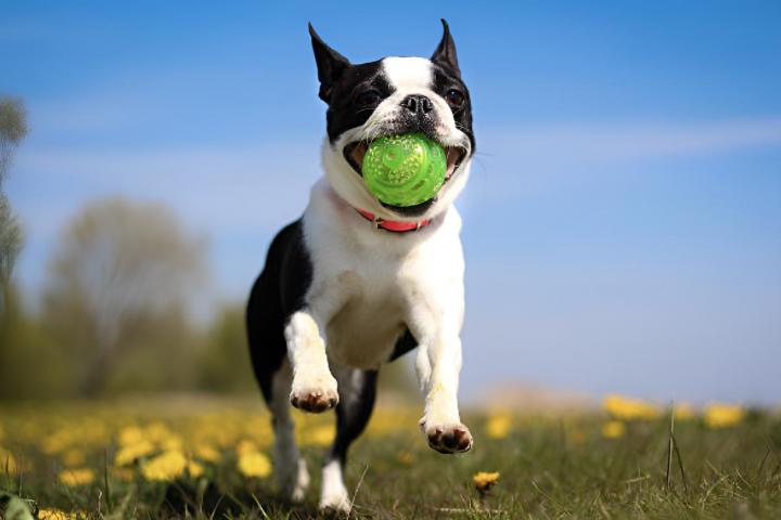 Un perro corriendo con una pelota en la boca sobre un verde césped