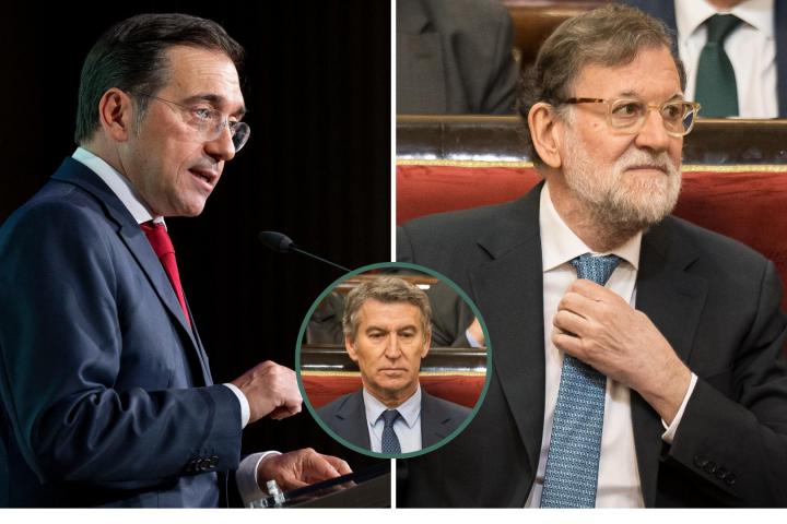 Combo de imágenes de archivo del ministro de Exteriores, José Manuel Albares, el expresidente Mariano Rajoy (PP) y, en un detalle en el círculo, el líder popular Alberto Núñez Feijóo.