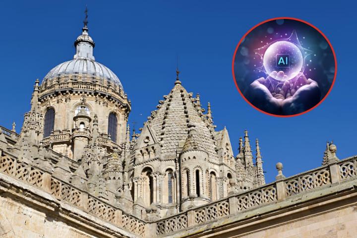 Una foto de archivo de la Catedral de Salamanca y otra superpuesta de una ilustración de Inteligencia Artificial