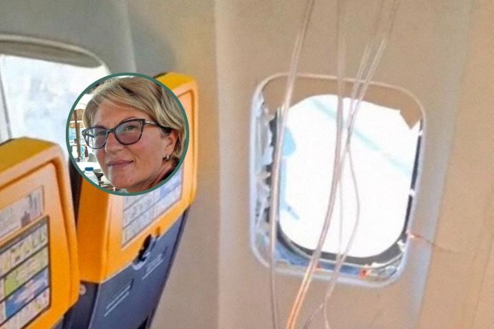 Imagen tomada de una grabación del interior del avión y en un círculo, la mujer del hombre que fue succionado por la ventanilla rota