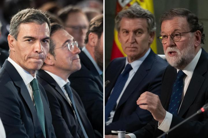 Combo de imágenes de archivo del presidente, Pedro Sánchez, y el ministro de Exteriores José Manuel Albares; frente al presidente del PP, Núñez Feijóo y el expresidente Mariano Rajoy.