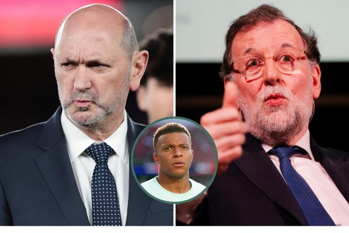Combo de imágenes del presidente de la RFEF, Rafael Louzán; el expresidente Mariano Rajoy y, en un detalle en el círculo, el futbolista francés Kylian Mbappé.
