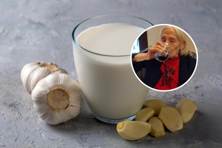 Erminia Di Gianantonio y un vaso de leche con ajo