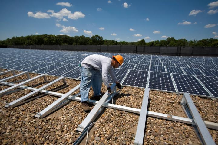 Una persona trabaja en una gran instalación de paneles solares en Estados Unidos.