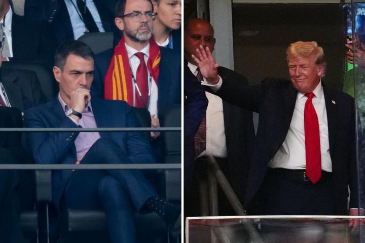 Sánchez sentado y con semblante serio en un palco de un estadio; a su derecha en otra foto Donald Trump sonriendo y saludando entrando en otro palco