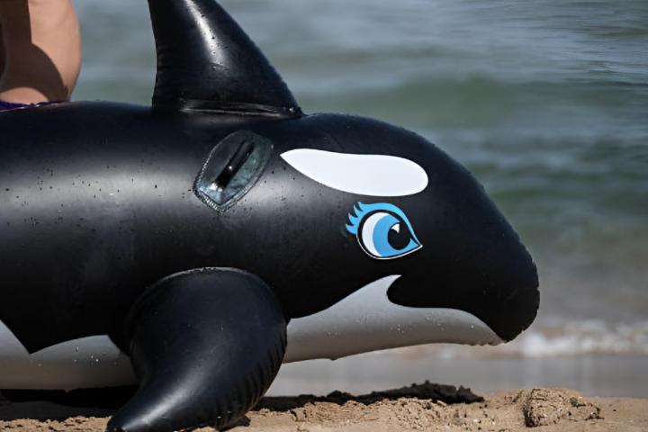 Un niño pequeño con una ballena hinchable.