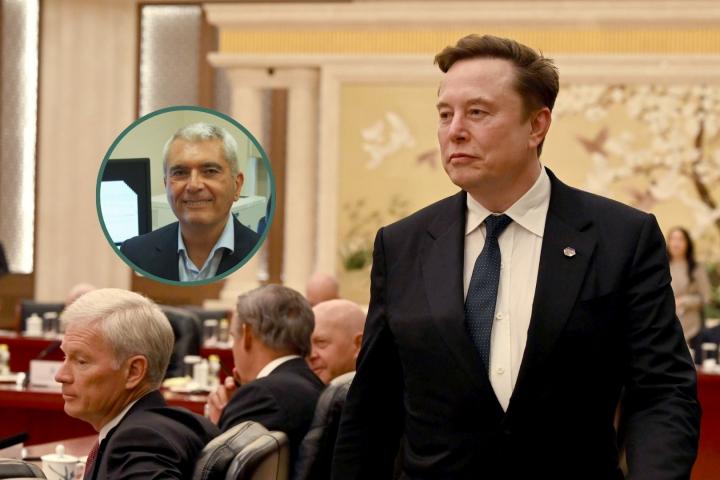 Elon Musk en un gran salón con más comensales; en el interior de un círculo, retrato del presidente de la AEPD, Lorenzo Cotino