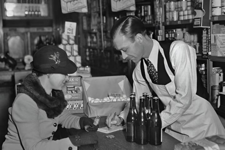 alt="alt="Un empleado ayuda a un cliente alrededor de 1917""