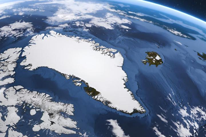 Una detallada representación en 3D del planeta Tierra resalta las enormes capas de hielo y la escarpada costa de Groenlandia.