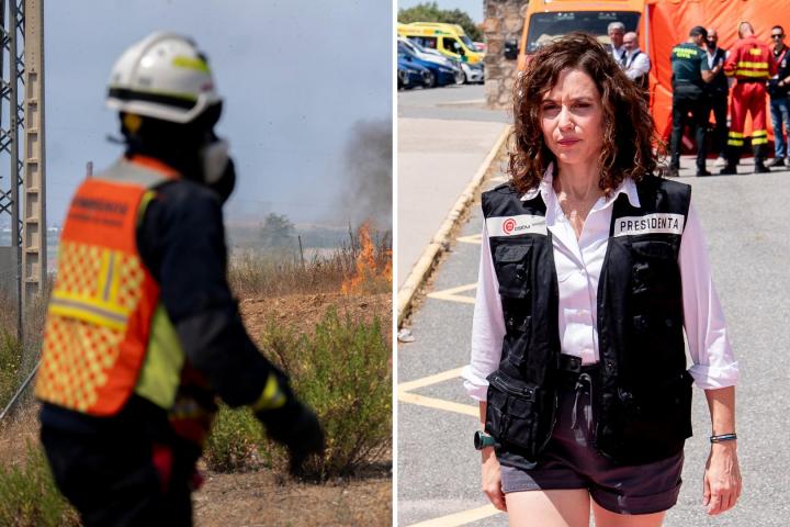 Montaje con un bombero trabajando en las labores de extinción de los incendios de Madrid y la presidenta de la región, Isabel Díaz Ayuso, en su visita al puesto de mando.