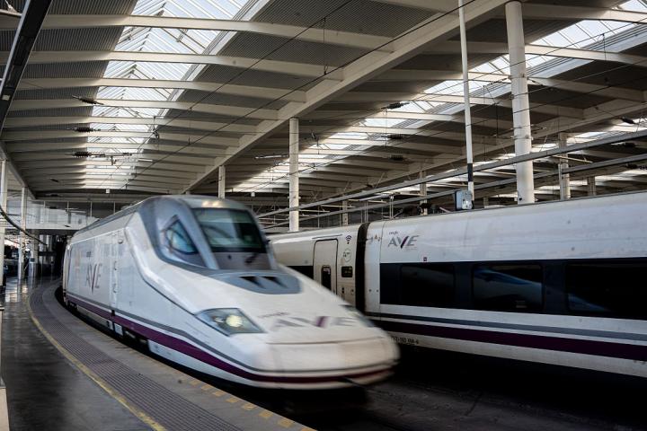 SPAIN - APRIL 30: An AVE train bound for Malaga leaves Atocha station, on 30 April, 2026 in Madrid, Spain. Direct train service on the Malaga-Madrid route is restored, albeit partially. The line will operate on a single track for the rest of the year, while work continues on the infrastructure, including the demolition of the wall, which will continue until almost June. (Photo By Gabriel Luengas/Europa Press via Getty Images)
